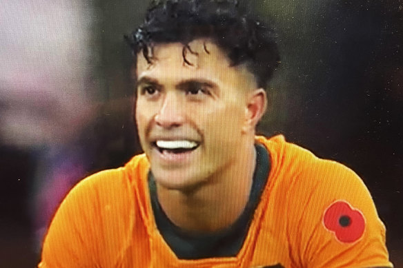 Big screen star … Joseph-Aukuso Suaalii on the big screen at Twickenham.