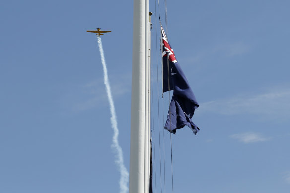 A fly-over is performed at the Shrine of Remembrance in 2019.