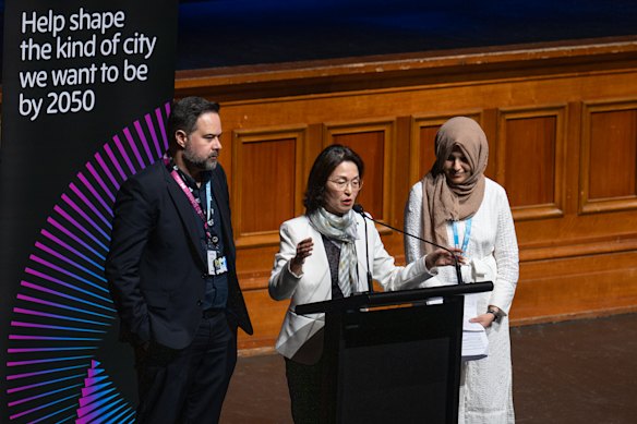 Councillor Gladys Liu (centre) and others at the M2050 Summit at the Melbourne Town Hall.