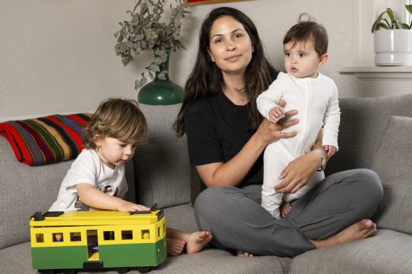 Jazmin Claveria pictured with children Hugo, 2, and Penelope, eight months. 