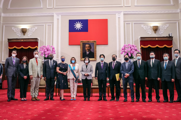 Speaker of the House Nancy Pelosi, centre left, meets Taiwan’s President Tsai Ing-wen, centre right, and other members of the legislature in the president’s office in Taipei, Taiwan.