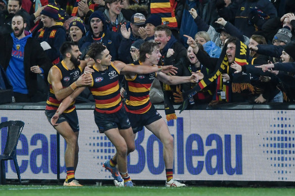 Ben Keays celebrating what he thought was a goal, before it was called as a behind.