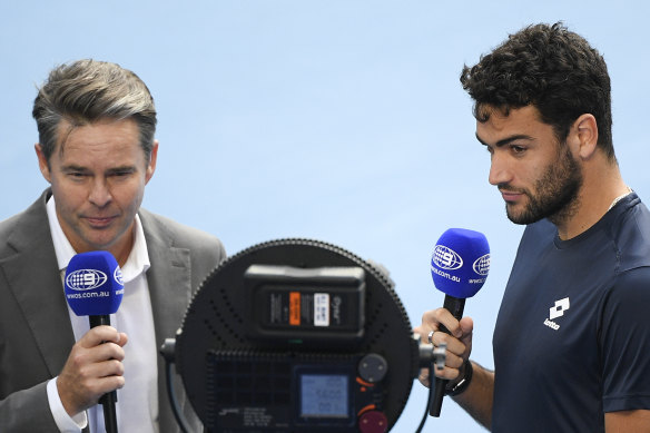 Todd Woodbridge interviews Matteo Berrettini during the 2021 Australian Open 