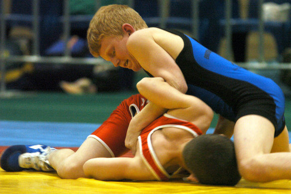 Jayden Lawrence (blue) competes as an 11-year-old at the national school age championships in 2005.  