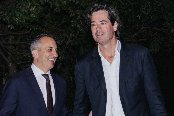 NRL CEO Andrew Abdo (left) and his former opposite number at the AFL, and now Tabcorp CEO, Gillon McLachlan at Lachlan Murdoch’s Christmas party.