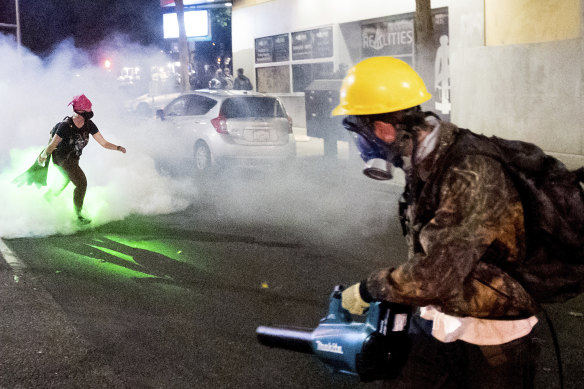 Protesters are bringing leaf blowers to ward off tear gas clouds in Portland, Oregon.  