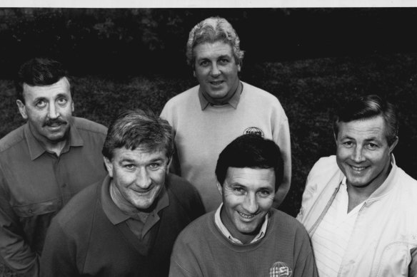 Ray Warren with Channel Nine colleagues Warren Ryan, Darrell Eastlake, Ken Sutcliffe and Michael Cleary in 1989. 
