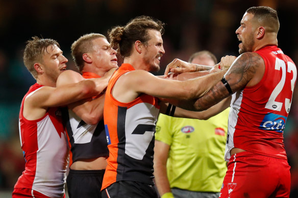 Lance Franklin and Phil Davis have not clashed since the 2018 finals. They meet again on Sunday.