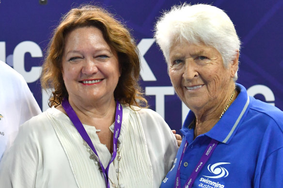 Gina Rinehart and Dawn Fraser during the 2018 Australian swimming trials.