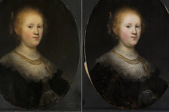 Photos taken before and after the painting's restoration.