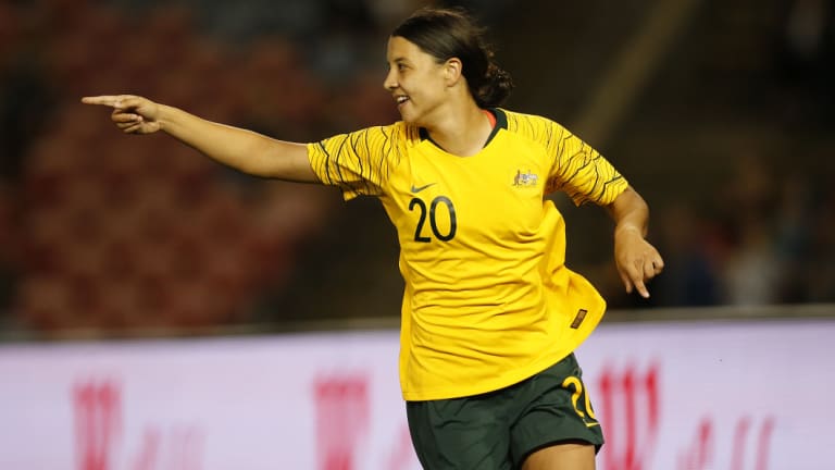 Sam Kerr celebrates her opener for the Matildas in Newcastle on Tuesday night.