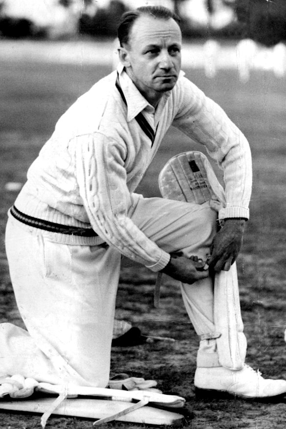“Rundown”: Don Bradman padding up for his practice knock in Adelaide in 1946.