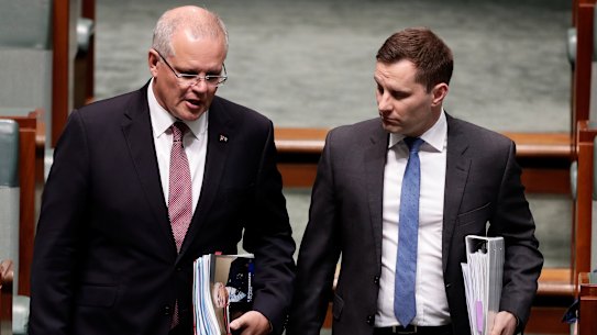Special Minister for State Alex Hawke, pictured with Prime Minister Scott Morrison, said his party should consider quotas for women.