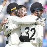 The final wicket: New Zealand players celebrates the dismissal of India’s Washington Sundar.