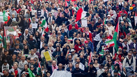 Pro-Palestine and pro-Iran protesters march through Sydney with flags and signs. 