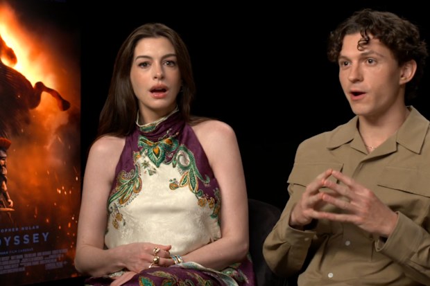 Anne Hathaway and Tom Holland during an interview for The Odyssey