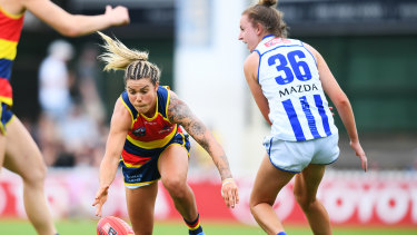 Adelaide’s Anne Hatchard takes on  Brooke Brown of the Roos.