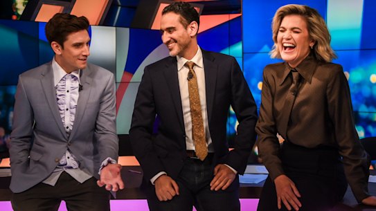 The Project hosts Sam Taunton (left), Waleed Aly and Sarah Harris.