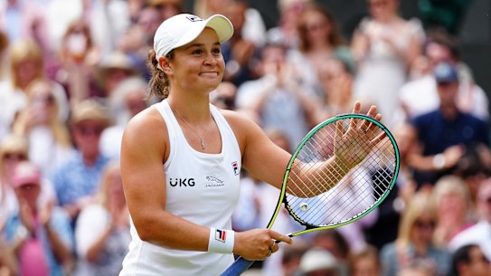 Ashleigh Barty celebrates after winning the Wimbledon semi-final against Angelique Kerber.