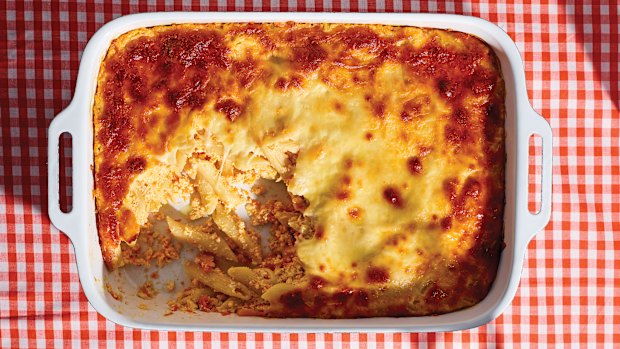 Pasta bake with roasted pumpkin and ricotta.
