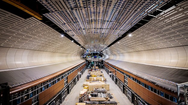A giant underground hall for the new Victoria Cross station in North Sydney where passengers will board and alight driverless trains.