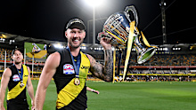 Nathan Broad of the Tigers celebrates the 2020 premiership.