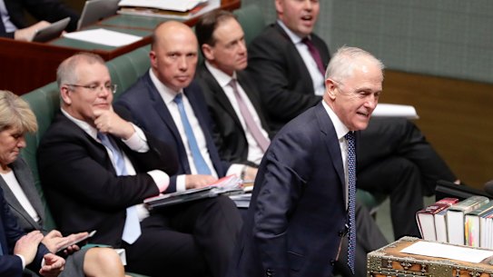 Treasurer Scott Morrison, Minister for Home Affairs Peter Dutton, Minister for Health Greg Hunt and Minister for Environment and Energy Josh Frydenberg listen as Prime Minister Malcolm Turnbull speaks during Question Time at Parliament House in Canberra on Monday 20 August 2018.