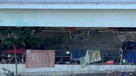 A makeshift homeless encampment under the Riverside Expressway in Brisbane CBD. 