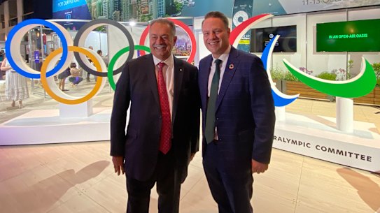 Lord Mayor Adrian Schrinner (right)  with Andrew Liveris, president of the Brisbane Organising Committee for the 2032 Olympic Games.