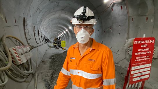 Rail has now connected Brisbane’s four new underground rail stations, Cross River Rail chief executive Graeme Newton said.  This view shows rail connected the 800 metres from Roma Street to Albert Street.
