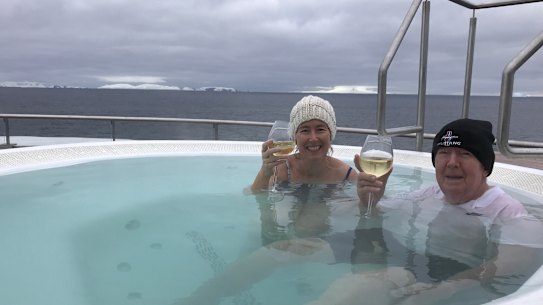Bob Lamond and his daughter Alison on their Antarctica cruise: "At night 
we’d hop into the spa on the deck. It was bloody freezing, minus one degree."