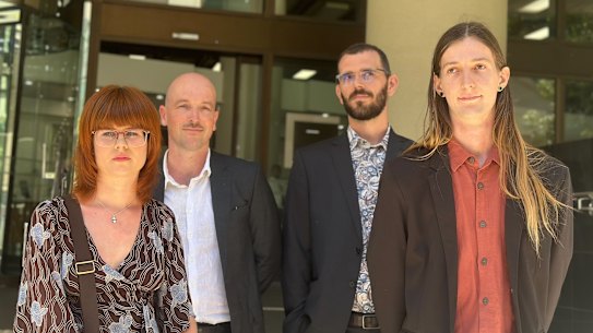 Matilda Lane-Rose, Jesse Noakes, Gerard Mazza and Emil Davey outside court on Tuesday.