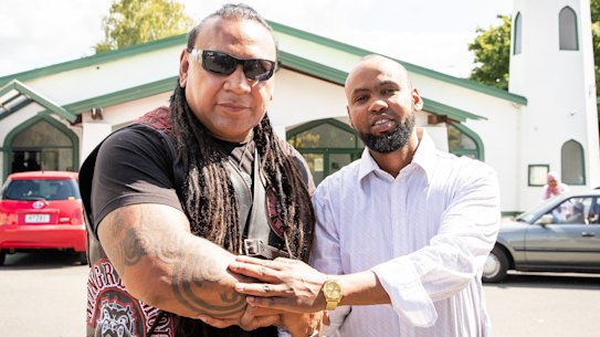 Mongrel Mob Waikato president Sonny Fatu with Hanad Ibrahim from Jamia Mosque in Hamilton.