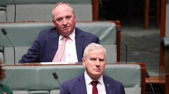 Deputy Prime Minister Barnaby Joyce and Nationals MP Michael McCormack during debate in the House of Representatives at Parliament House in Canberra on  Thursday 24 June 2021.