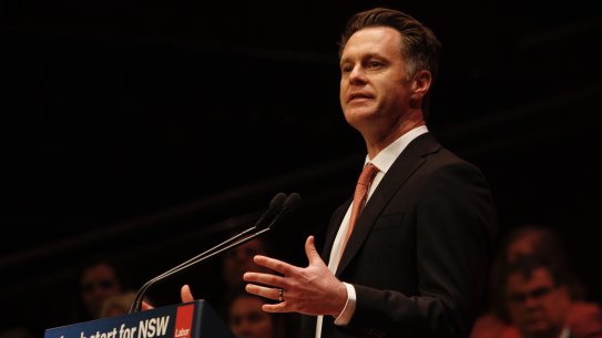 NSW Labor leader Chris Minns addresses the party’s state conference on Sunday.