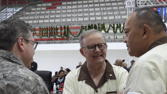 From left: Pacific Minister Pat Conroy, Prime Minister Anthony Albanese and Tongan Prime Minister Siaosi Sovaleni at the Pacific Islands Forum in Nuku’alofa, Tonga, this week.