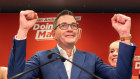 Victorian Premier Daniel Andrews celebrates during his victory speech.