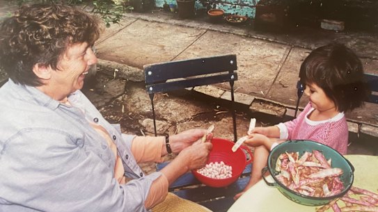 Shelling beans with mama.
