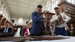 Indigenous Australians from Sydney’s La Perouse community at Trinity College, Cambridge, to retrieve the four spears taken by Captain Cook.
