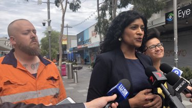 Victorian Greens leader Samantha Ratnam flanked by the party's Footscray candidate Angus McAlpine and upper house MP Huong Truong