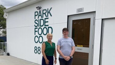 Brisbane deputy mayor Krista Adams (left) with Chef Collective spokesman Mark Heath at the Coorparoo smart kitchen hub.