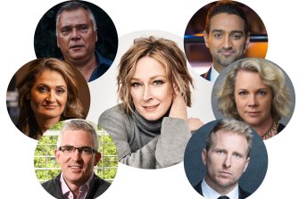 The great contenders: Leigh Sales, centre, with (clockwise from top left) Stan Grant, Waleed Aly, Laura Tingle, Hamish Macdonald, David Speers and Patricia Karvelas. 