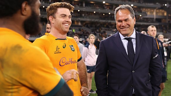 Andrew Kellaway and Dave Rennie after the first Test in Perth. He was one of four players to pick up soft tissue injuries during the series or in its lead-up.