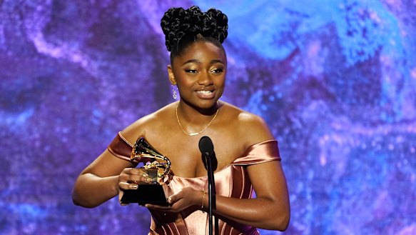 Samara Joy accepting an award at the 65th annual Grammy Awards.