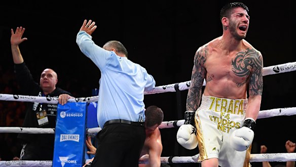 Down for the count: The referee steps in to stop the bout after Michael Zerafa downed Jeff Horn in the ninth round.