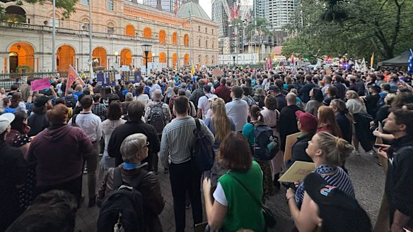 Teachers rally outside Queensland parliament after the state budget was handed down on Tuesday.