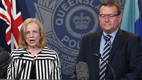 (From left) Queensland chief health officer Jeanette Young and Acting Chief Superintendent of state crime command Terry Lawrence address the media regarding the strawberry contamination.