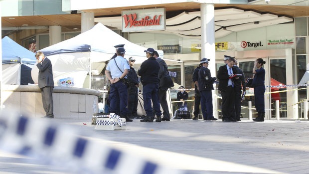 Police at the Westfield Hornsby crime scene following the shooting.