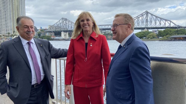 Brisbane 2032 Olympic Games president Andrew Liveris (left), Hook, and International Olympic Committee board member John Coates in Brisbane, where Hook’s role was announced.