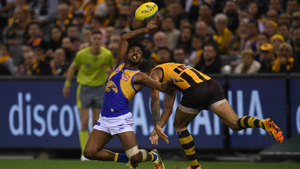 Touch too much: Willie Rioli gets in front position against Shaun Burgoyne of the Hawks.